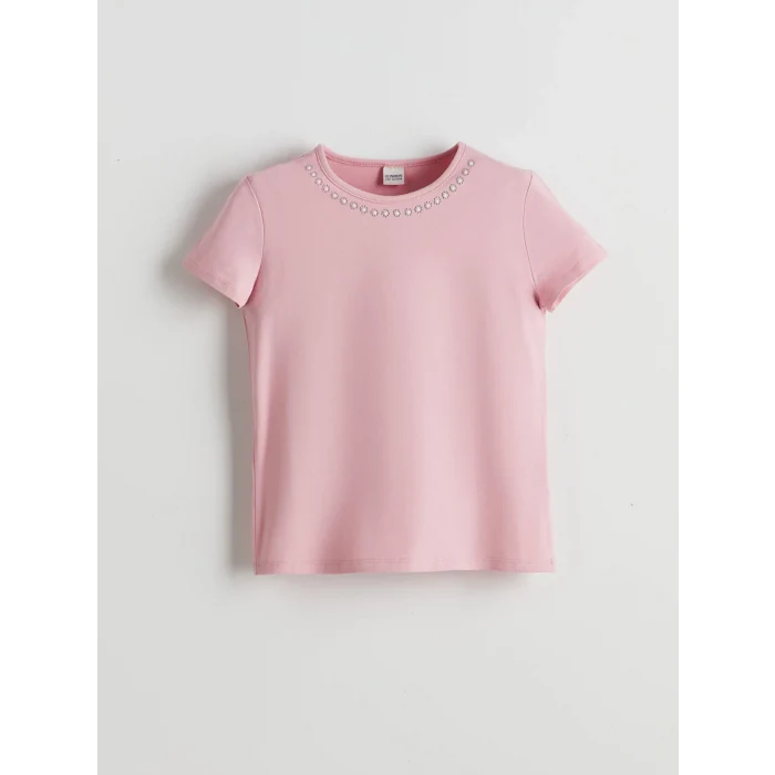 LCW Kids Pembe Bisiklet Yaka Taşlı Kız Çocuk Tişört