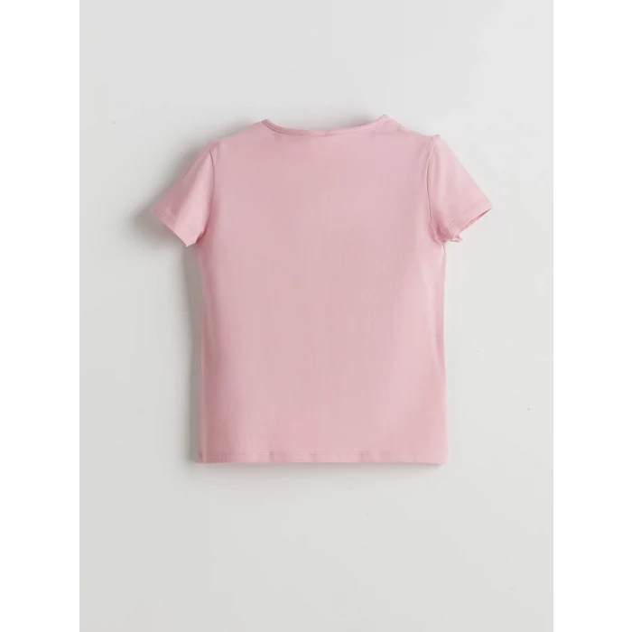 LCW Kids Pembe Bisiklet Yaka Taşlı Kız Çocuk Tişört