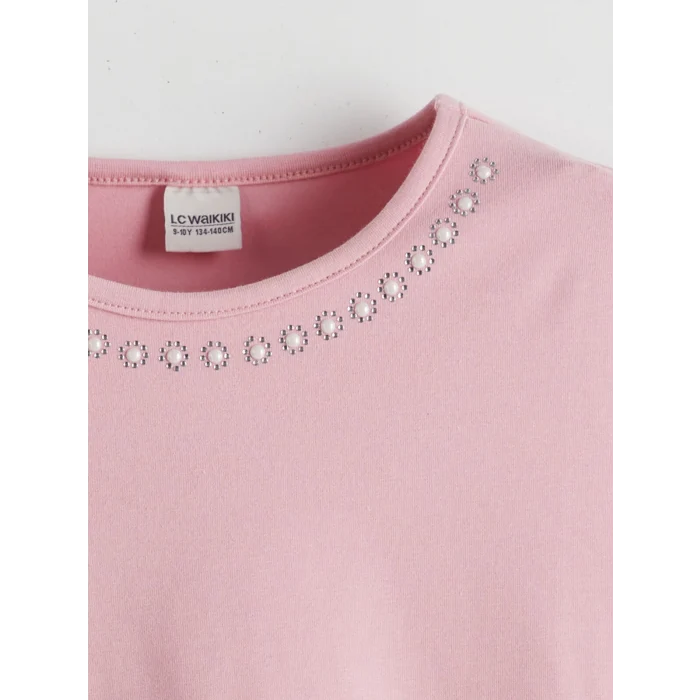 LCW Kids Pembe Bisiklet Yaka Taşlı Kız Çocuk Tişört