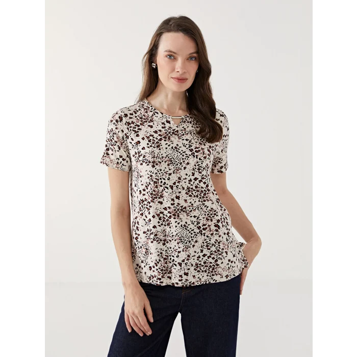 LCW Grace Bej Bisiklet Yaka Desenli Kadın Bluz