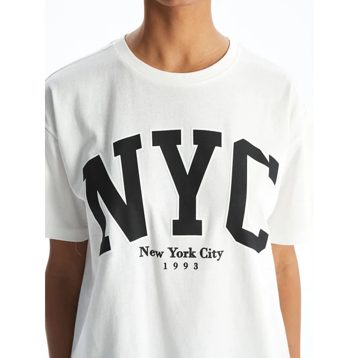 XSIDE Ekru Bisiklet Yaka New York Baskılı Kadın Tişört