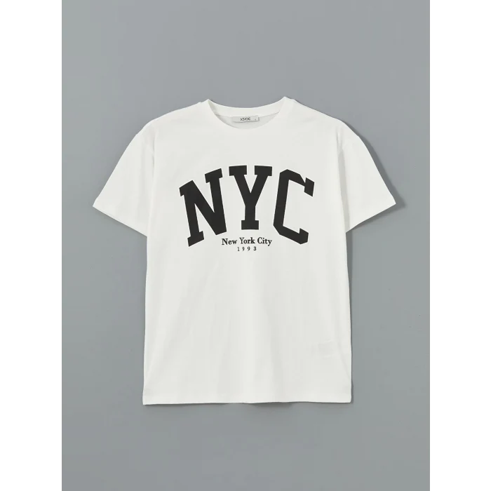 XSIDE Ekru Bisiklet Yaka New York Baskılı Kadın Tişört