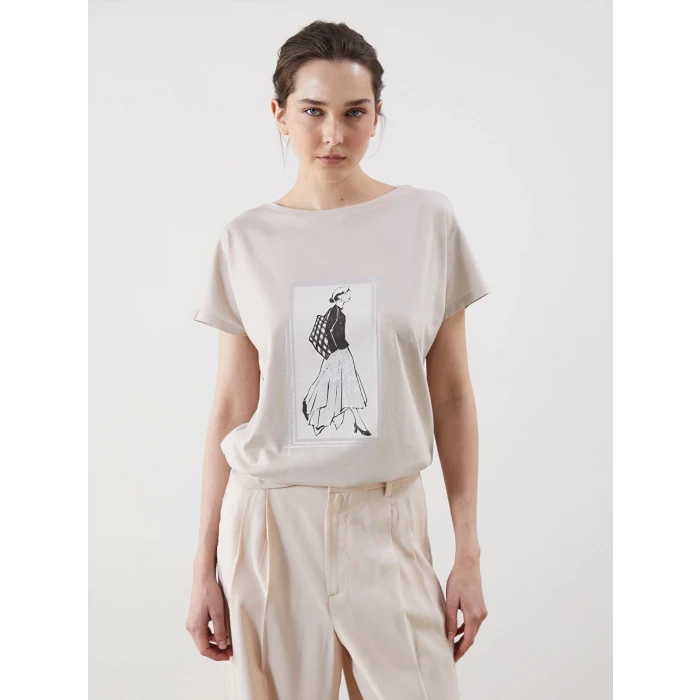 LCWAIKIKI Classic Gri Bisiklet Yaka Baskılı Kadın Tişört