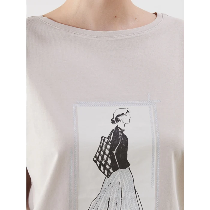 LCWAIKIKI Classic Gri Bisiklet Yaka Baskılı Kadın Tişört