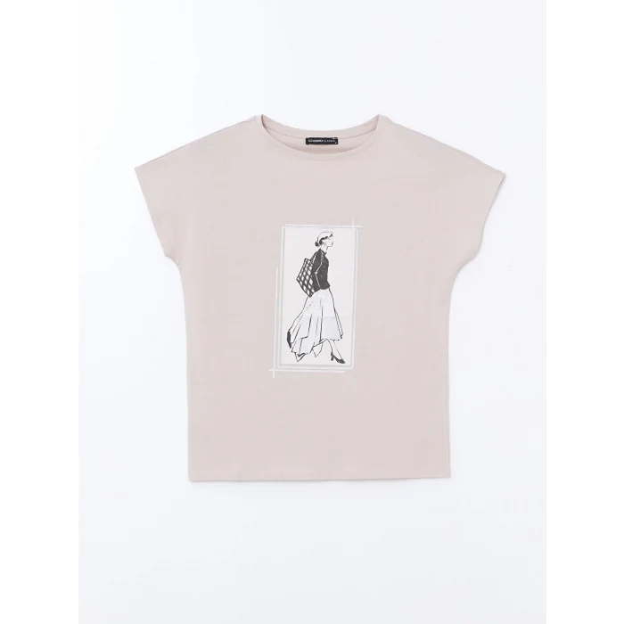 LCWAIKIKI Classic Gri Bisiklet Yaka Baskılı Kadın Tişört