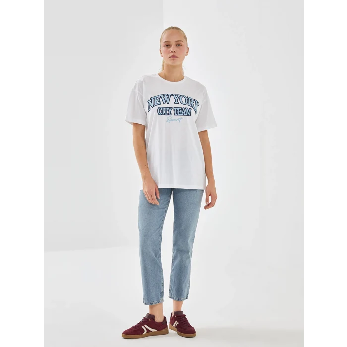 XSIDE Beyaz Bisiklet Yaka New York Baskılı Kadın Tişört