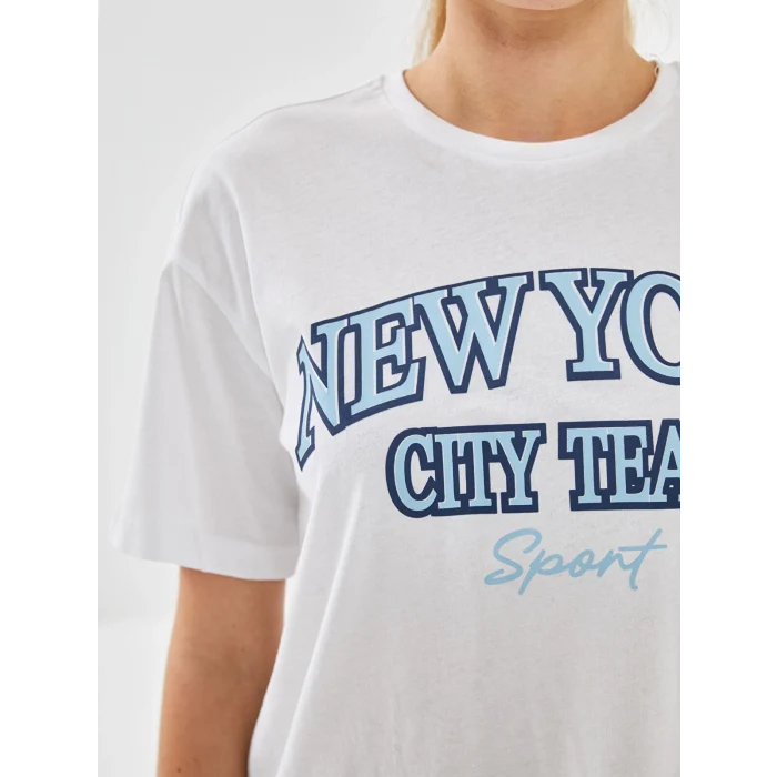XSIDE Beyaz Bisiklet Yaka New York Baskılı Kadın Tişört