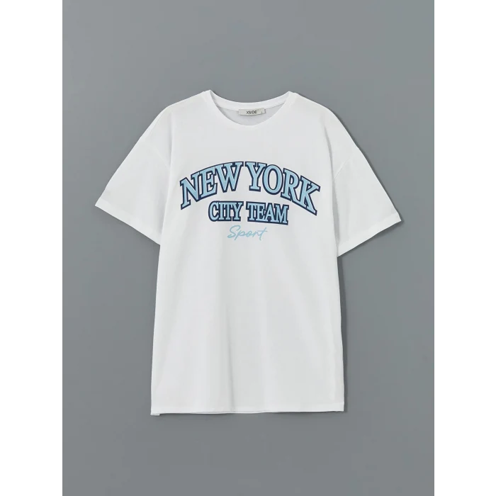 XSIDE Beyaz Bisiklet Yaka New York Baskılı Kadın Tişört
