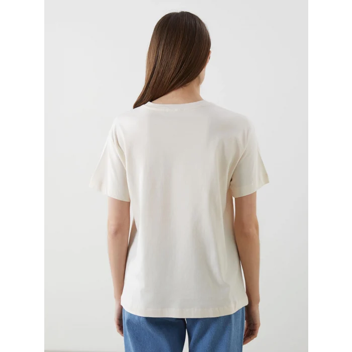 LCW Comfort Bej Bisiklet Yaka Baskılı Kadın Tişört