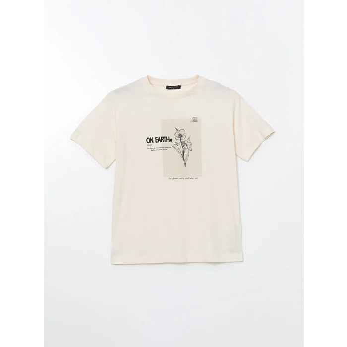 LCW Comfort Bej Bisiklet Yaka Baskılı Kadın Tişört