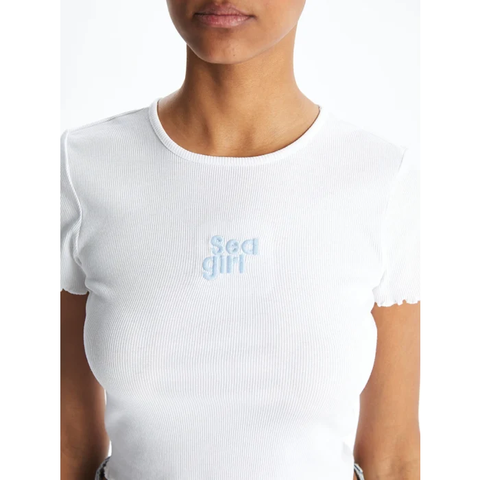 XSIDE Beyaz Bisiklet Yaka Nakışlı Kadın Tişört