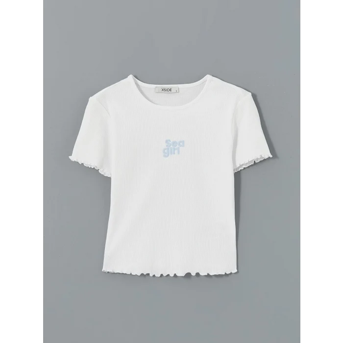 XSIDE Beyaz Bisiklet Yaka Nakışlı Kadın Tişört
