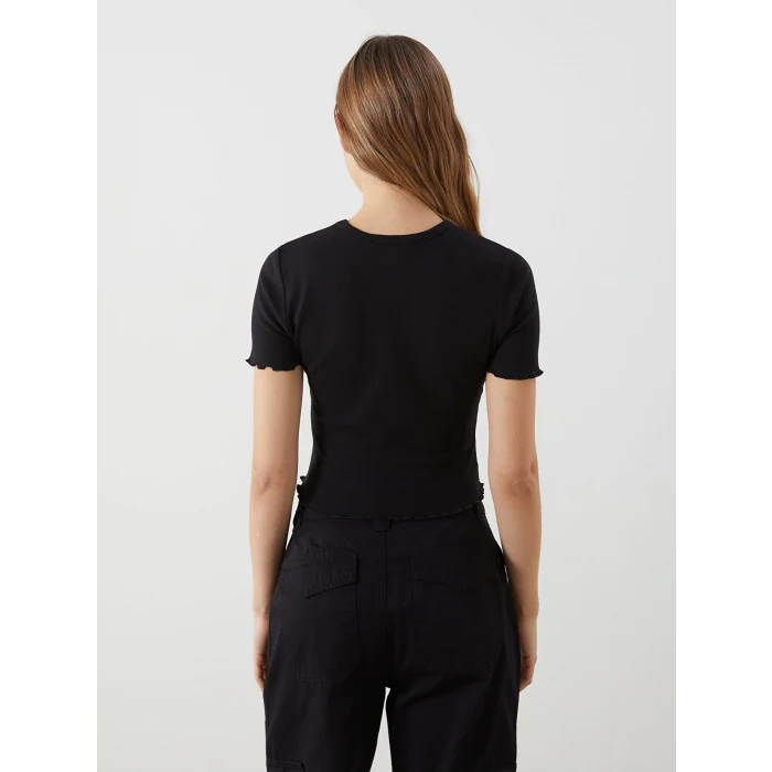 XSIDE Siyah Bisiklet Yaka Baskılı Kadın Crop