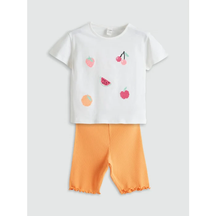 LCW Kids Beyaz Meyve Baskılı Kız Çocuk Bluz ve Tayt 2li