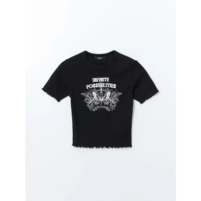 XSIDE Siyah Bisiklet Yaka Baskılı Kadın Crop