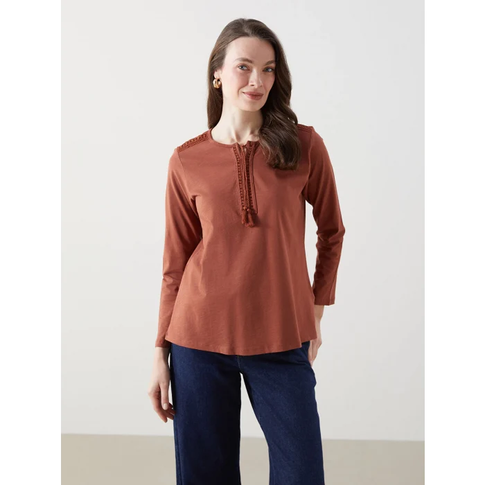 LCW Grace Kahverengi Bağlamalı Yaka Nakışlı Kadın Bluz