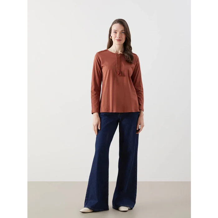 LCW Grace Kahverengi Bağlamalı Yaka Nakışlı Kadın Bluz