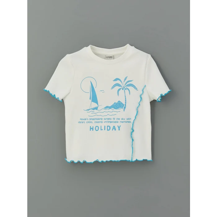 LCW Kids Ekru Bisiklet Yaka Kız Çocuk Crop Tişört