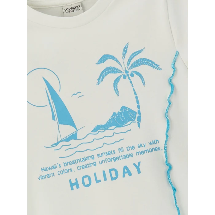 LCW Kids Ekru Bisiklet Yaka Kız Çocuk Crop Tişört