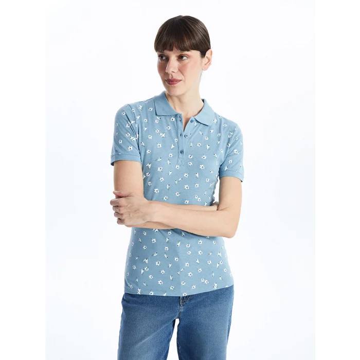 LCWAIKIKI Classic Mavi Polo Yaka Desenli Kadın Tişört