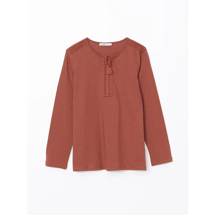 LCW Grace Kahverengi Bağlamalı Yaka Nakışlı Kadın Bluz