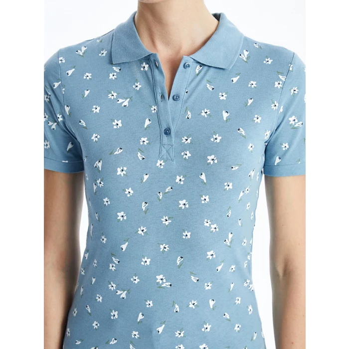 LCWAIKIKI Classic Mavi Polo Yaka Desenli Kadın Tişört