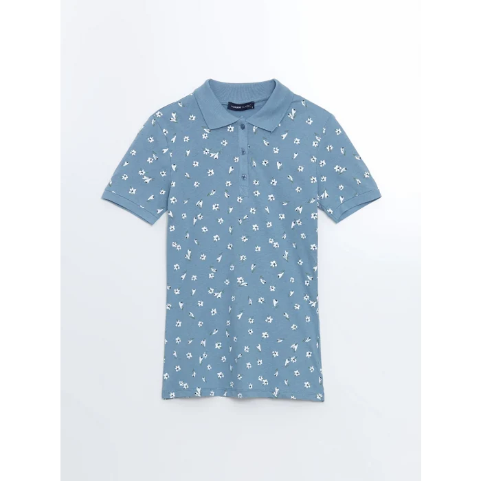 LCWAIKIKI Classic Mavi Polo Yaka Desenli Kadın Tişört