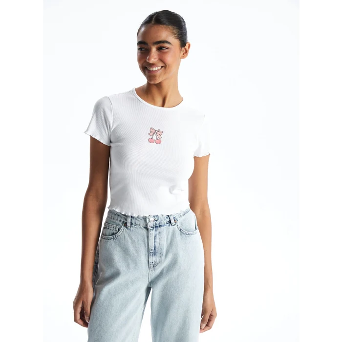 XSIDE Beyaz Bisiklet Yaka Nakışlı Kadın Crop