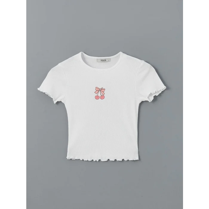 XSIDE Beyaz Bisiklet Yaka Nakışlı Kadın Crop