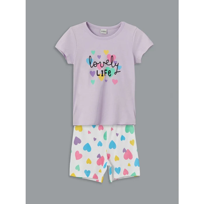 LCW Kids Lila Bisiklet Yaka Baskılı Kısa Kollu Kız Çocuk Şortlu Pijama Takımı