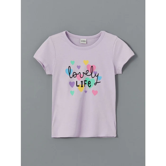 LCW Kids Lila Bisiklet Yaka Baskılı Kısa Kollu Kız Çocuk Şortlu Pijama Takımı