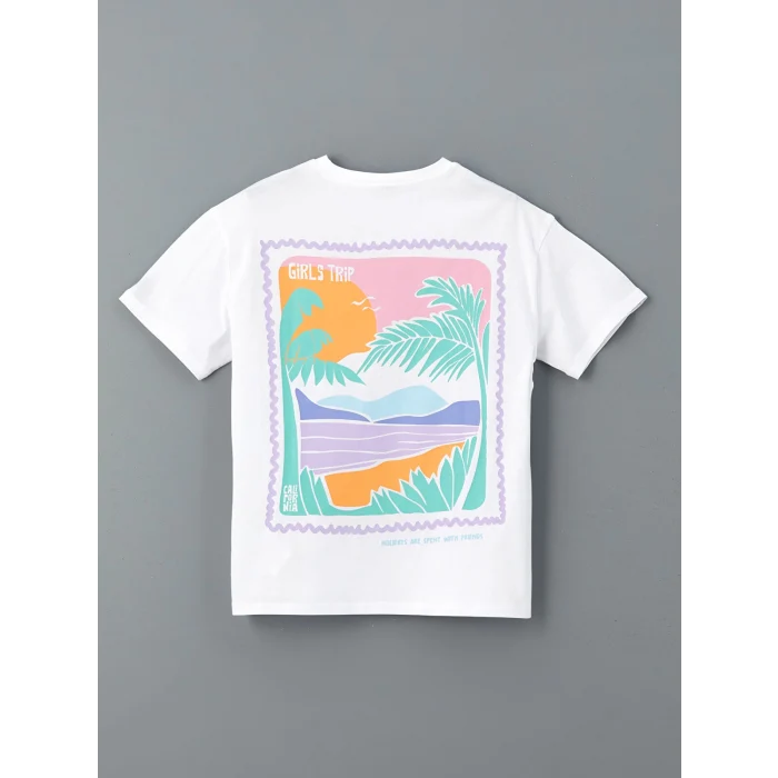 LCW Kids Beyaz Bisiklet Yaka Baskılı Kız Çocuk Tişört