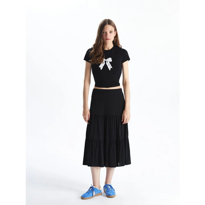 XSIDE Siyah Bisiklet Yaka Kurdele Baskılı Kadın Tişört