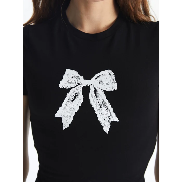 XSIDE Siyah Bisiklet Yaka Kurdele Baskılı Kadın Tişört