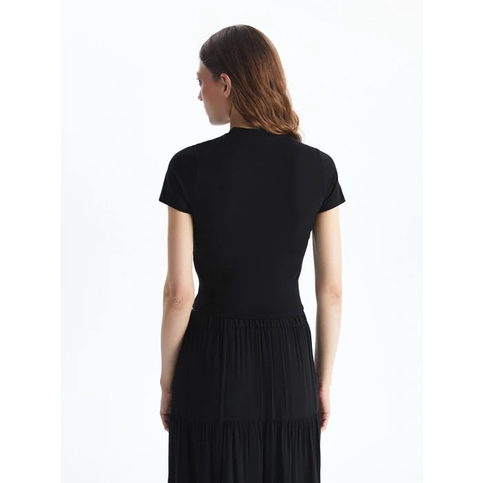 XSIDE Siyah Bisiklet Yaka Kurdele Baskılı Kadın Tişört