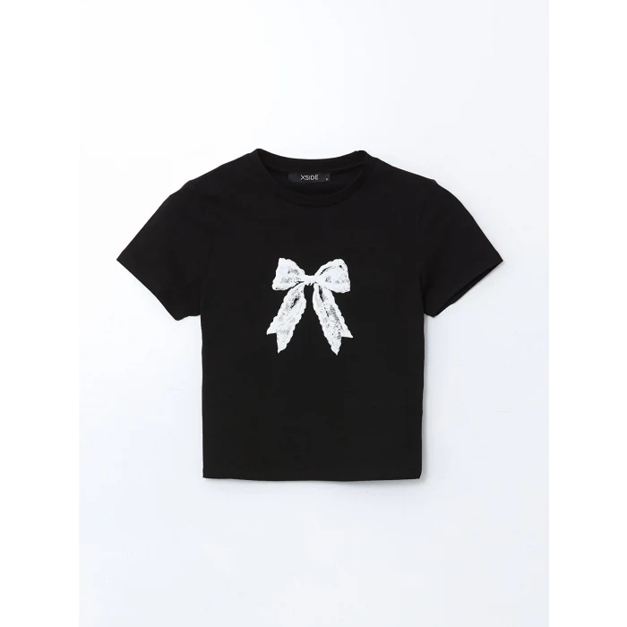 XSIDE Siyah Bisiklet Yaka Kurdele Baskılı Kadın Tişört