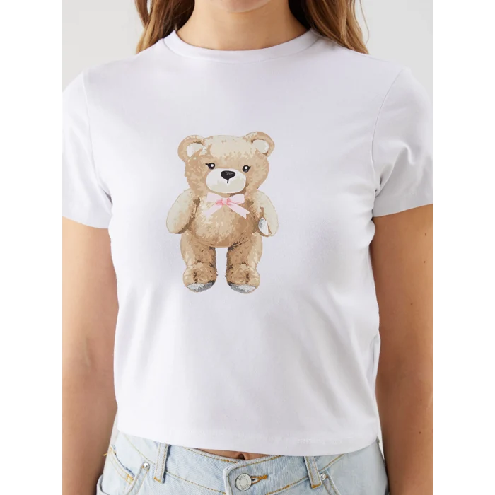 XSIDE Beyaz Bisiklet Yaka Ayı Baskılı Kadın Tişört