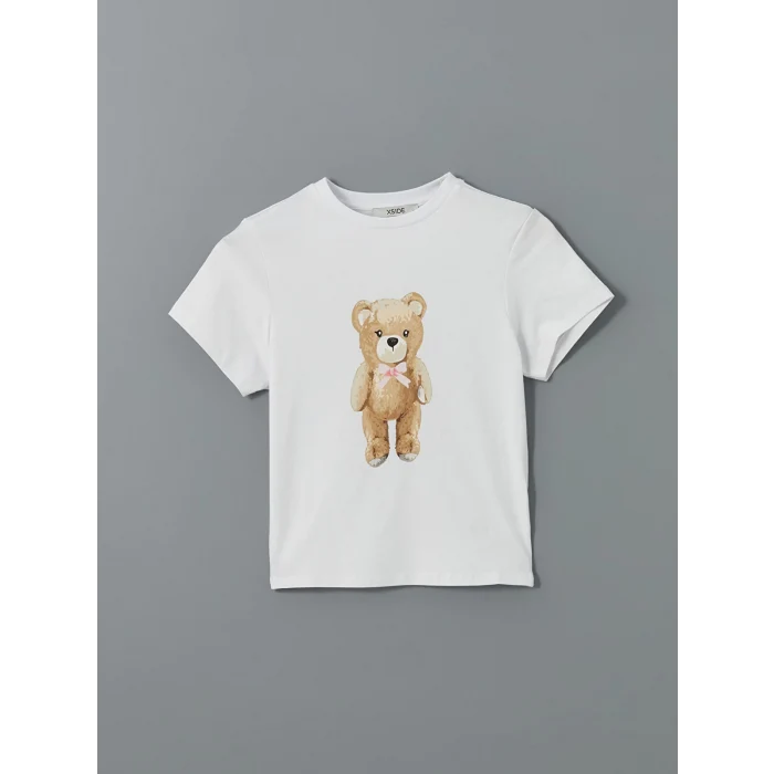 XSIDE Beyaz Bisiklet Yaka Ayı Baskılı Kadın Tişört