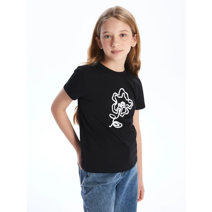 LCW Kids Siyah Bisiklet Yaka Çiçekli Kız Çocuk Tişört