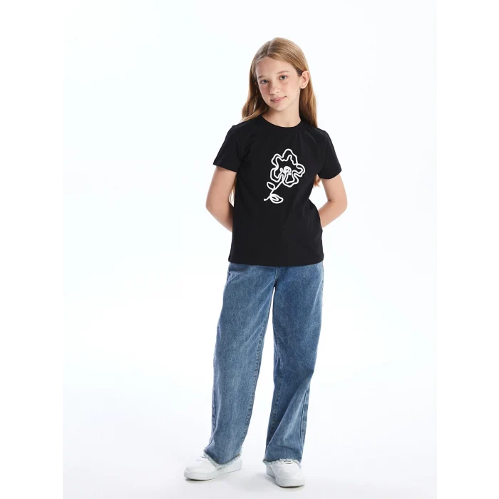 LCW Kids Siyah Bisiklet Yaka Çiçekli Kız Çocuk Tişört