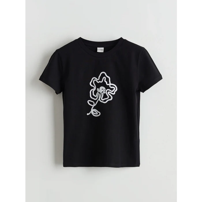 LCW Kids Siyah Bisiklet Yaka Çiçekli Kız Çocuk Tişört