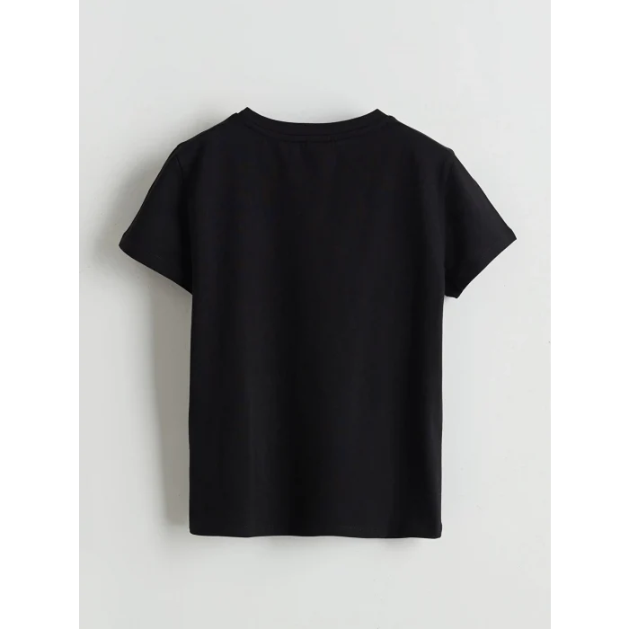 LCW Kids Siyah Bisiklet Yaka Çiçekli Kız Çocuk Tişört