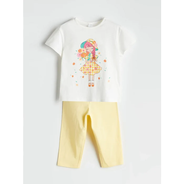 LCW Kids Ekru Penye Kız Çocuk Tişört ve Tayt 2li