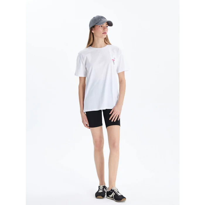 XSIDE Beyaz Bisiklet Yaka Nakışlı Kadın Tişört