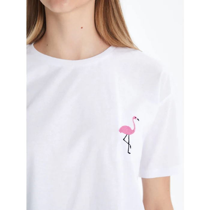 XSIDE Beyaz Bisiklet Yaka Nakışlı Kadın Tişört