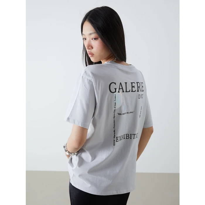 LCW Vision Gri Bisiklet Yaka Baskılı Oversize Kadın Tişört