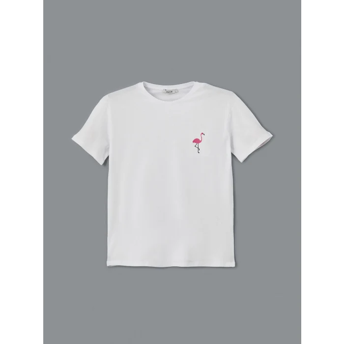 XSIDE Beyaz Bisiklet Yaka Nakışlı Kadın Tişört