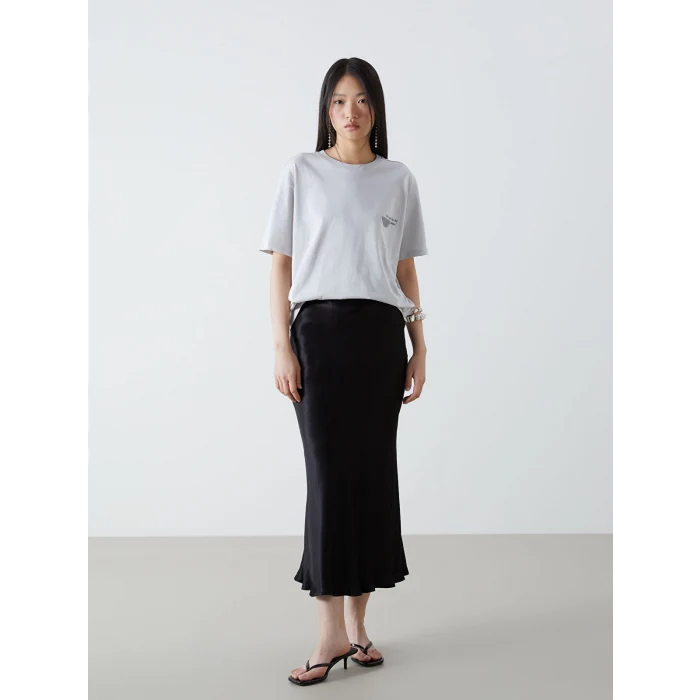 LCW Vision Gri Bisiklet Yaka Baskılı Oversize Kadın Tişört