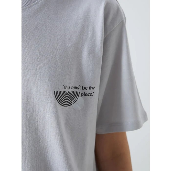 LCW Vision Gri Bisiklet Yaka Baskılı Oversize Kadın Tişört