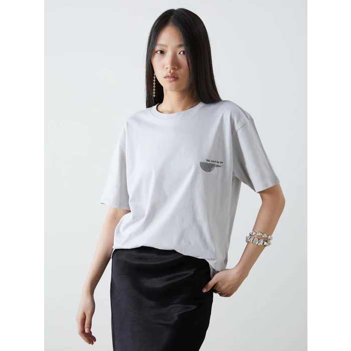 LCW Vision Gri Bisiklet Yaka Baskılı Oversize Kadın Tişört